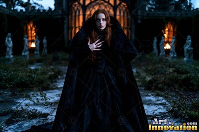 Standing straight outside a gothic crypt, a woman in a heavy black cloak clutches her chest