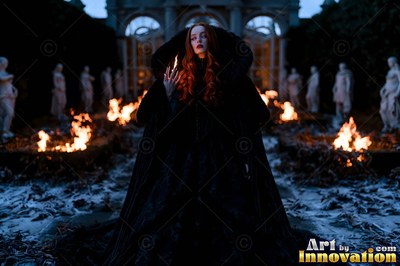 A light-skinned woman in a dark hooded cloak stands between fire pits at dusk