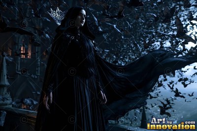 Standing on a dark balcony, a woman in a black cape watches flying bats
