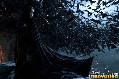 A woman in a long black cape surrounded by bats at night