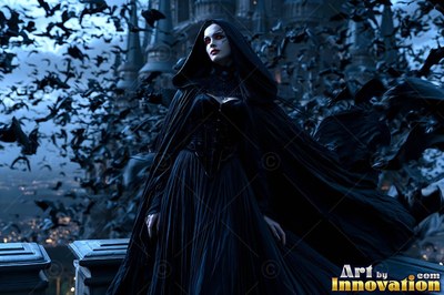 A hooded black cloak wraps around a woman standing by a balcony filled with bats
