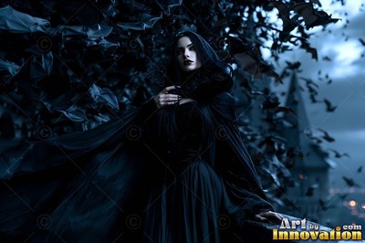 A pale-skinned woman in a black hooded cloak stands among bats under a dark blue night sky