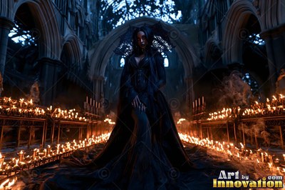 Standing centered in a dark church aisle, a woman poses in a black gown by candles