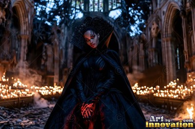 A light-skinned woman in a high-collared black gown stands in a ruined church lit by candles