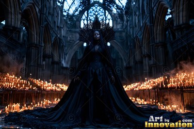 In a dark cathedral, a woman in a wide dark gown stands by rows of candles