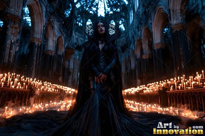 Standing between rows of candles, a woman wears a high-collared black gown in a ruined church