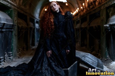 Red-haired woman in a black gown standing in an open stone crypt