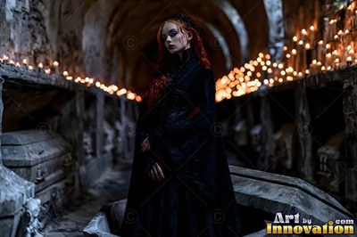 Red hair falls over a pale woman in a black gown, standing in a stone crypt lit by candles