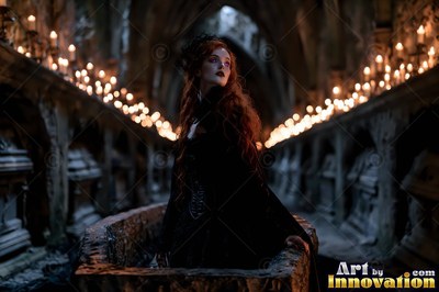 A pale woman rises from a stone coffin beside lines of warm candlelight