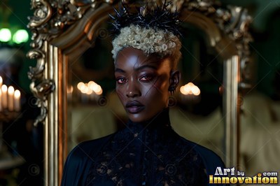 Facing forward in a dim room, a Black woman wears a spiky black crown and lace dress