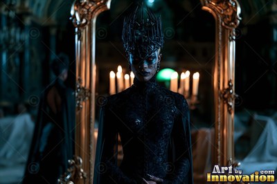 A woman in a spiky crown and black lace dress stands near candlelight