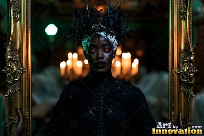 In a dim candlelit room, a woman clad in a black thorn crown grips a gold frame