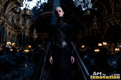 Standing in a dim hall, a pale-skinned woman wears a high-necked black gown under blue light