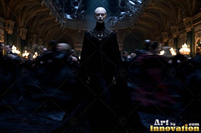 Pale bald woman in a black gown standing in a dark ballroom