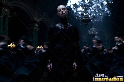 High black collar on a fair woman standing motionless in a dark ballroom filled with blurred dancers