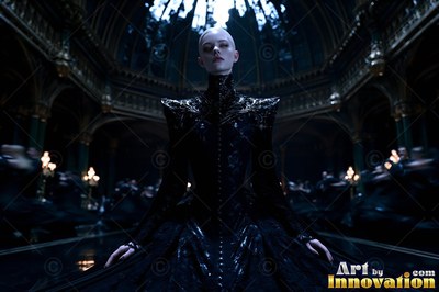 A bald fair woman stands in a black gown under cool blue skylight