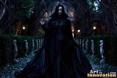 In a dark garden path, a pale-skinned woman is standing in a high-collared black gown