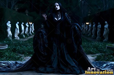 Standing in a dark garden, a pale woman wears a heavy black gown between rows of white statues