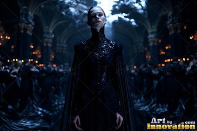 Woman in a high-collared black dress in a dark hall
