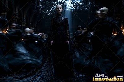 In a high-necked black gown, a woman with pale skin stands still in a dark hall surrounded by blurry dancers