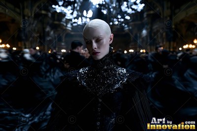 A pale-skinned standing woman motionless in a dark hall under warm yellow candlelight