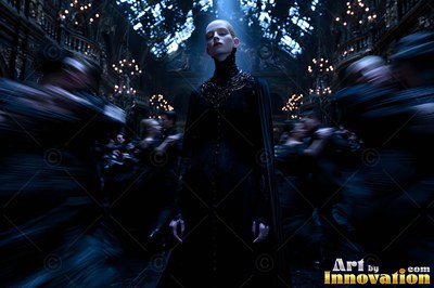 Standing tall, a pale woman in a black gown poses inside a dark ballroom