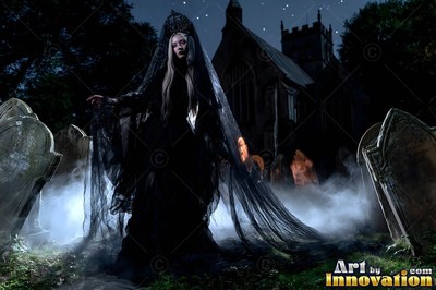 In a misty graveyard, a pale woman stands wearing a long black veil and dark dress
