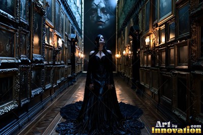 A trailing black gown wears a fair woman in a dark hall lined with framed paintings