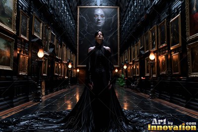 Standing straight in a dark gallery hall, a woman wears a long black dress