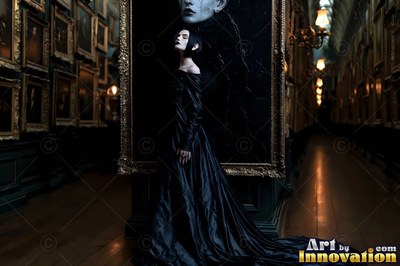 A pale woman in a long black dress stands beside a dark painting in a hallway