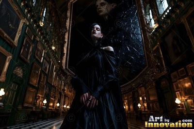 In a dark picture gallery, a pale woman clad in a black gown stands before a mirror