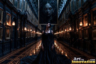 Standing in a dark gallery of portraits, a woman wearing a black gown tilts her head back