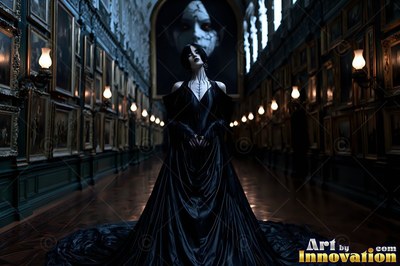 Woman in a long black gown stands in a dark portrait hall