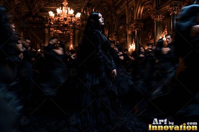 Standing in profile, a woman in a black gown is surrounded by dancers in a ballroom