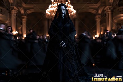 In a dark ballroom, a pale vampire woman dressed in a black gown stands before dancers
