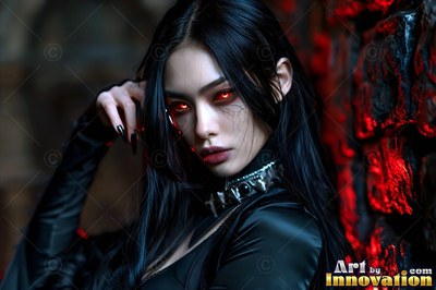 Staring forward, a pale woman with red eyes leans against a dark stone wall