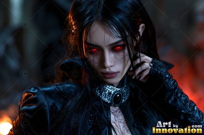 Red eyes stare ahead as a woman with pale skin wearing a black leather jacket poses in the dark