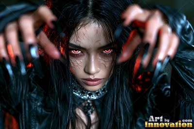 A pale-skinned woman reaches forward with clawed hands under red light