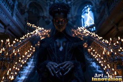 Facing forward, a vampire woman wearing a black dress stands on candlelit stairs