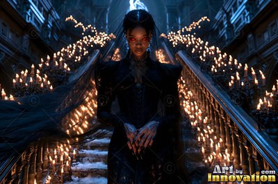 A vampire woman in black stands on a dark staircase lit by candles