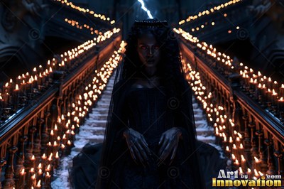 On a candlelit staircase, a dark-haired woman wearing a black veil stares forward