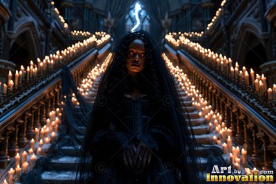 Standing on dark stone stairs lined with candles, a woman wears a black veil and gown