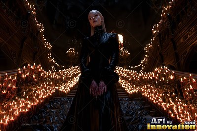 A blonde woman in a high-necked dark gown stands on stairs lined with candles