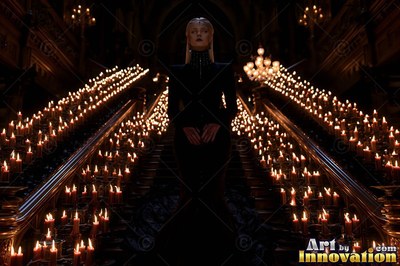 On a dark staircase lined with candles, a blonde standing woman in a black gown