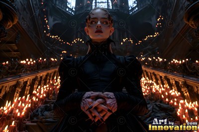 Standing on dark stairs, a pale woman in a black gown clasps her hands by candlelight