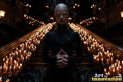 Pale woman in black standing before dark stairs lined with lit candles