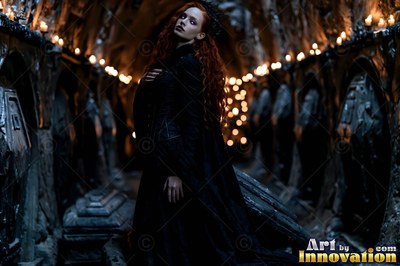 Long red hair spills over a woman dressed in a black gown inside a stone catacomb lit by small lamps