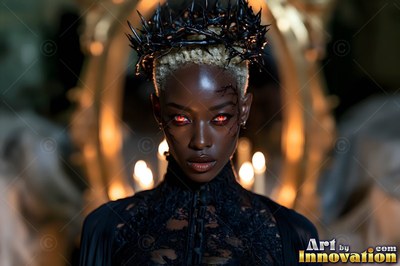 A woman stares forward with bright red eyes under warm candlelight