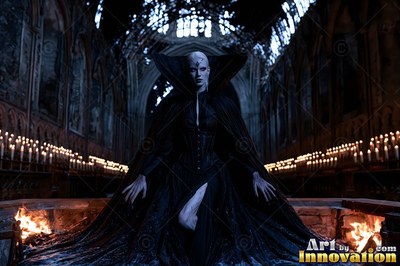 Crouching low in a dark ruined chapel, a pale woman spreads her black cape