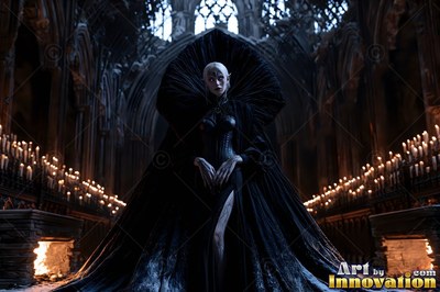A pale woman in a wide black gown stands inside a dark church lit by rows of candles